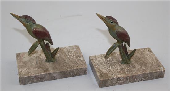 A pair of French Art Deco cold painted bronze bookends, modelled as humming birds, 5.75in.